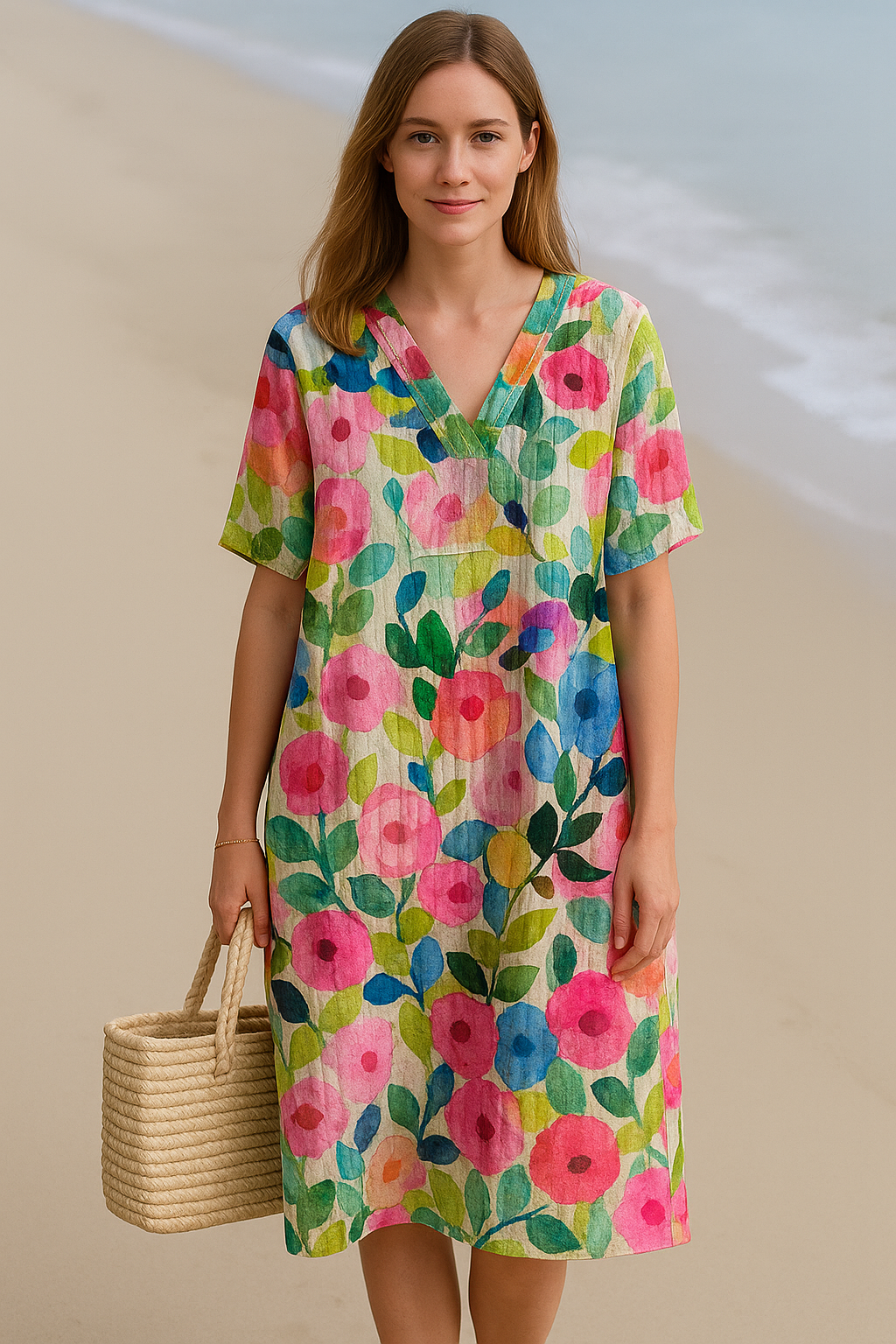 Comfy women's floral short sleeve dress in vibrant print. Ideal for casual spring & summer everyday wear.