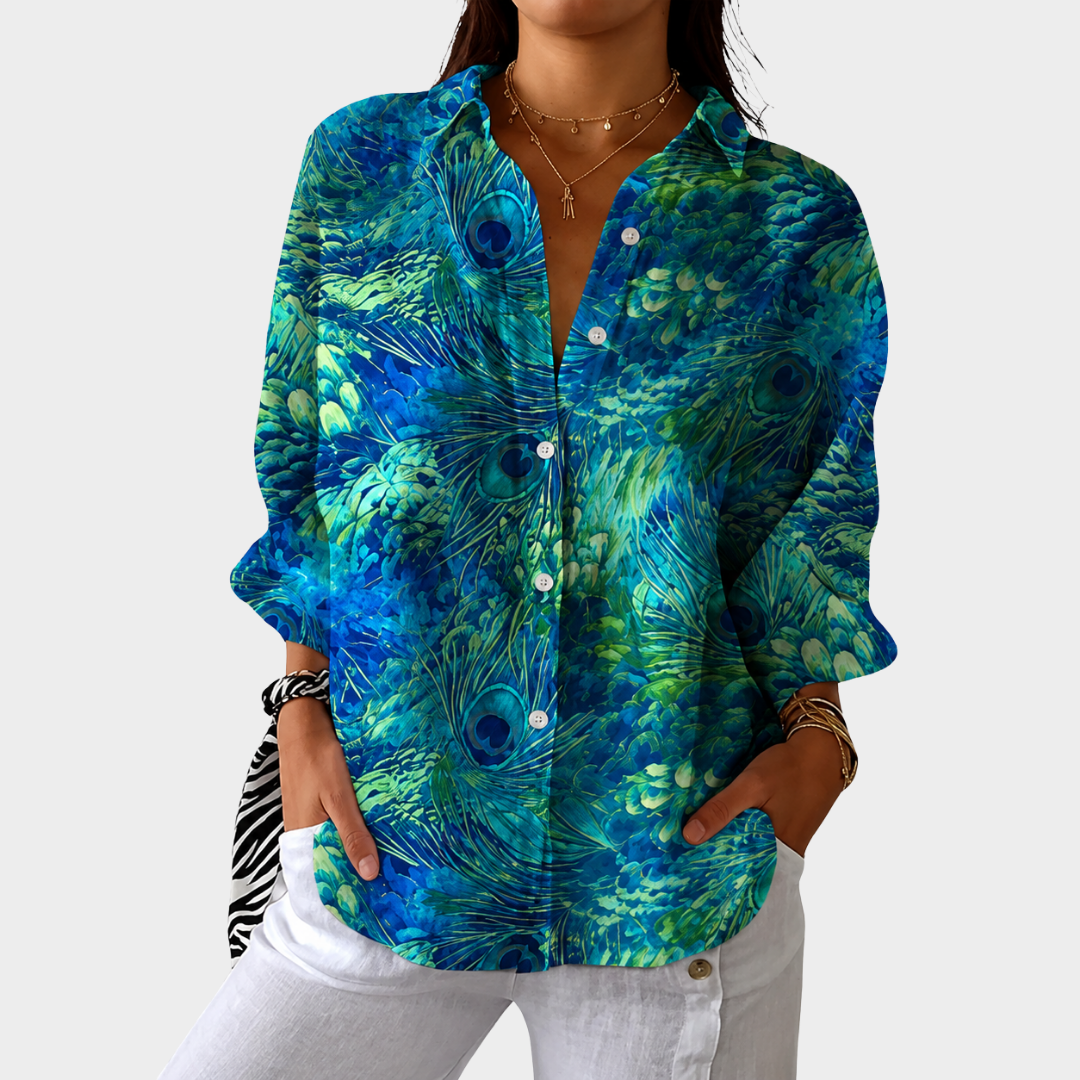 Women's vibrant lightweight printed blouse. Colorful, loose fit top for casual summer & spring fashion. Elegant everyday comfort.