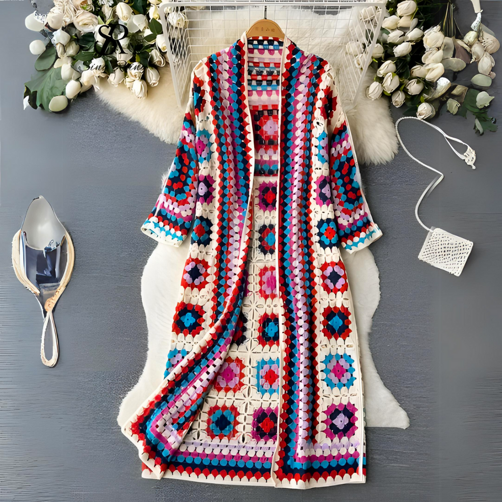 Women's vibrant long colorful cardigan, perfect for stylish fall and winter layering. Open front design.