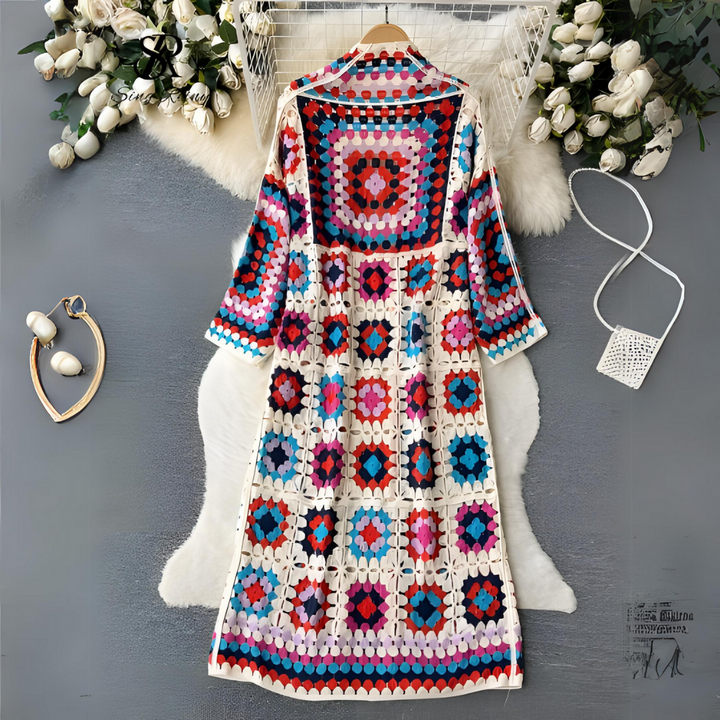 Stylish women's open front long cardigan. Features a vibrant, multi-color design, great for layering.