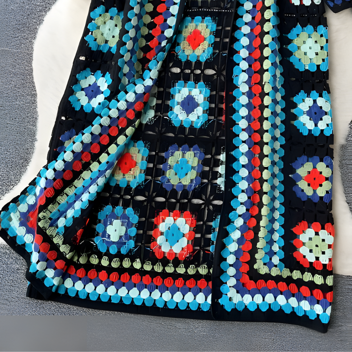 New women's vibrant long cardigan. A colorful fashion sweater for chic layering in fall & winter seasons.