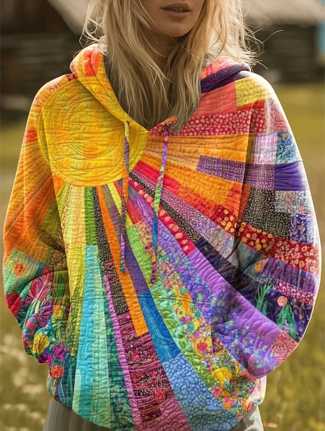 Women's vibrant multicolor bohemian patchwork hoodie, perfect for stylish casual comfort and layering.