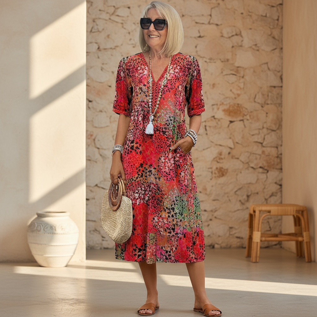 Women's vibrant pattern midi dress, flowing fabric, elegant style for summer & spring occasions.