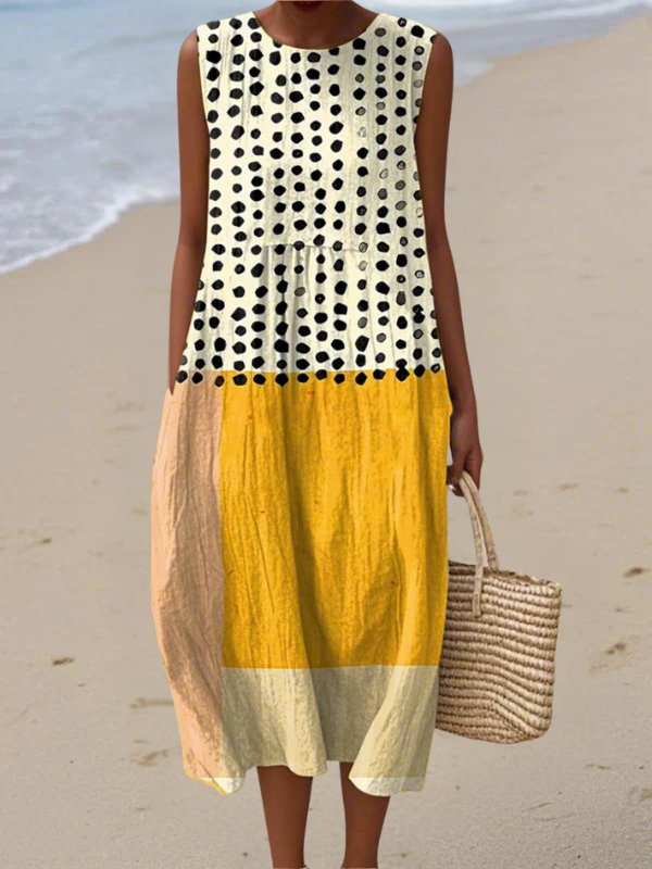 Women's vibrant polka colorblock midi dress. Sleeveless, elegant & comfortable for summer casual wear.