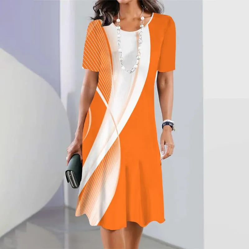 Comfortable printed midi dress for women, A-line cut, short sleeves, offering a stylish look for summer fashion.