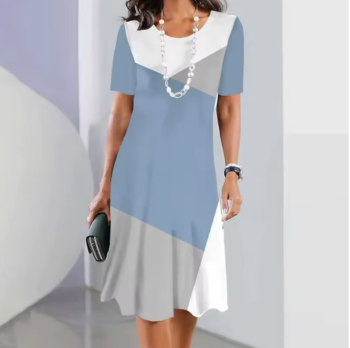 Versatile women's printed A-line midi dress, short sleeve design, perfect for casual day wear in summer.
