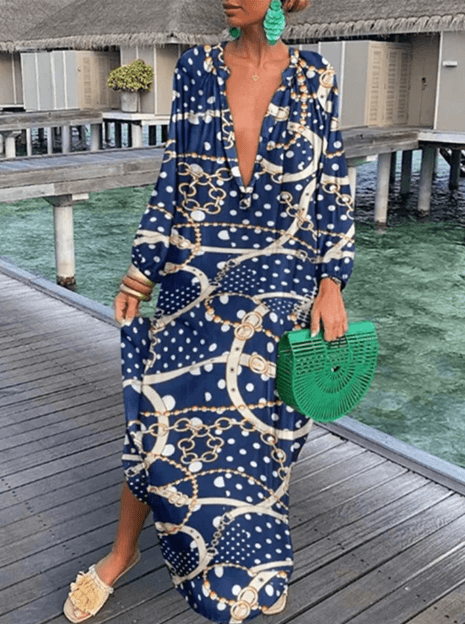 Stylish women's summer sundress with a vibrant print, comfortable and flowy, ideal for warm weather fashion.