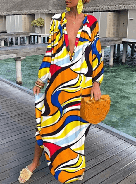Women's comfortable printed sundress, vibrant summer pattern, flowy casual style for warm weather.