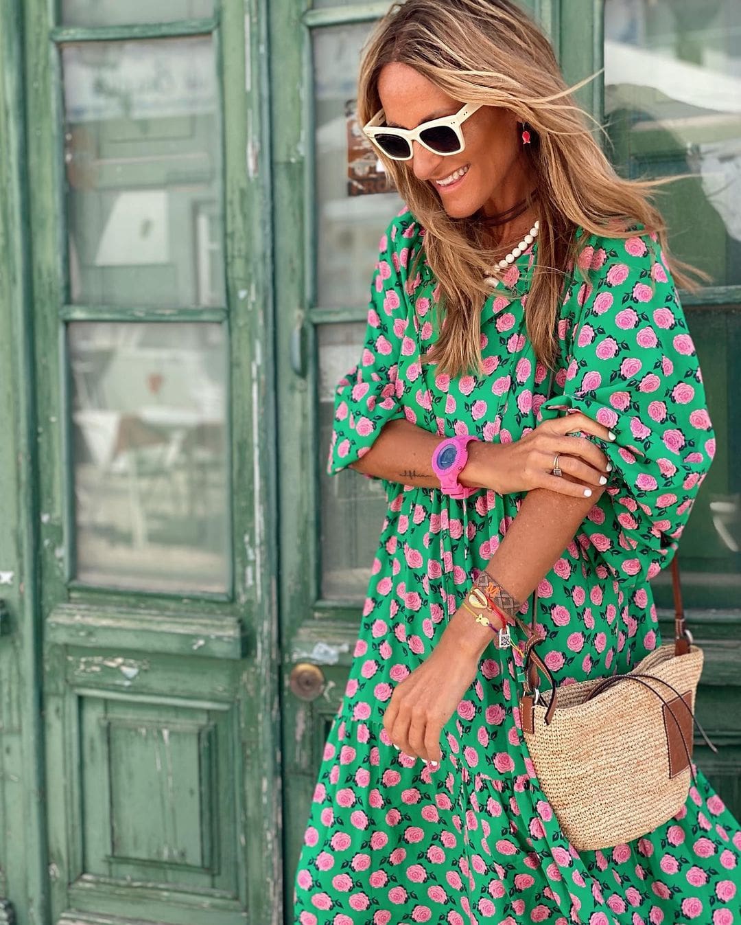 Close-up of the vibrant, colorful print on a comfortable, flowy women's V-neck maxi dress for summer fashion.