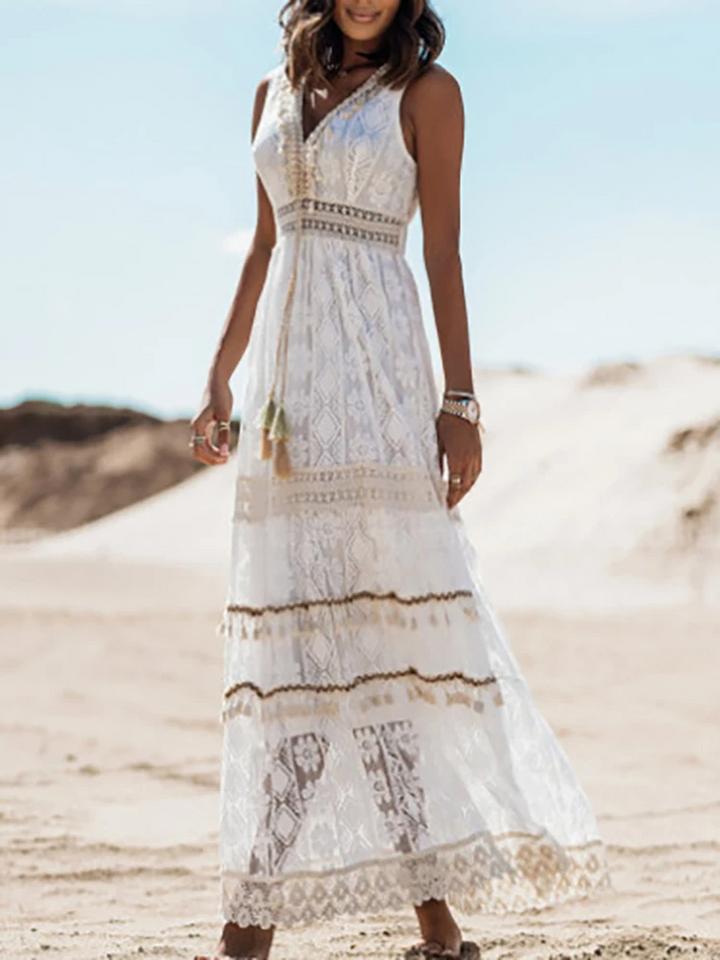 Fashionable women's vintage boho drawstring maxi dress, a chic and casual summer vacation outfit.
