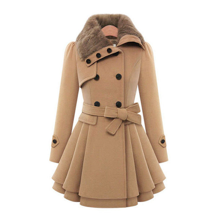 Chic women's vintage flair trench coat. Stylish double-breasted design, a classic long coat for fall fashion.