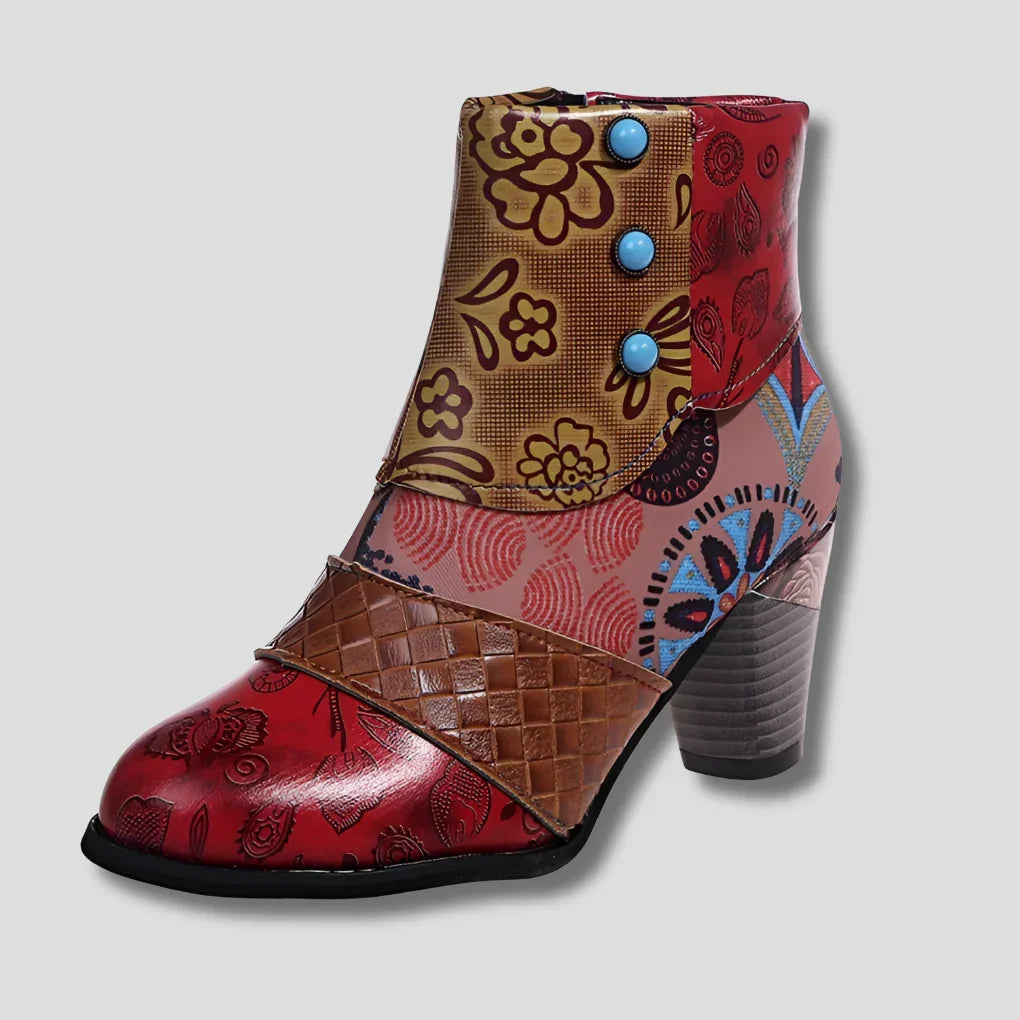 Women's vintage embossed floral chunky heel ankle boots. Stylish pull-on retro footwear, comfortable for everyday wear.
