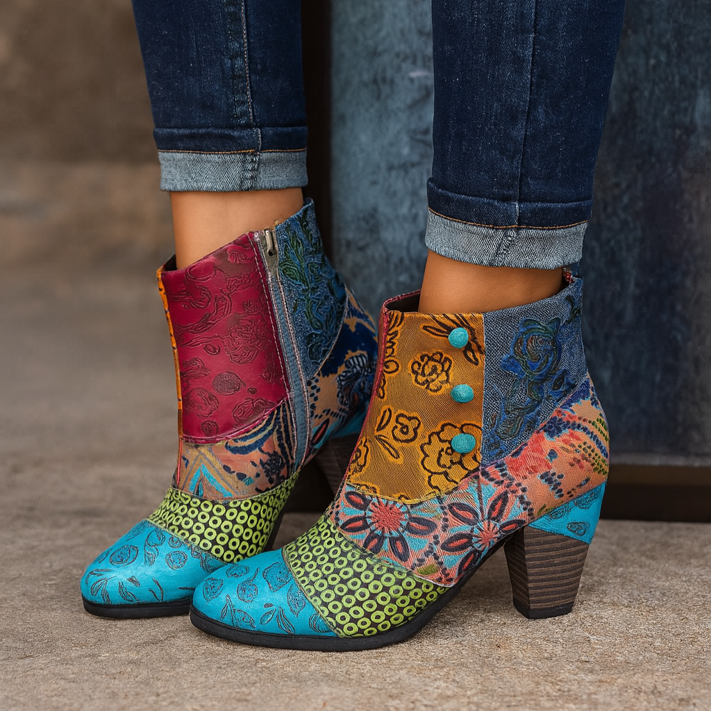 Stylish women's vintage chunky heel boots with embossed floral design. Comfortable retro ankle footwear for everyday fashion.
