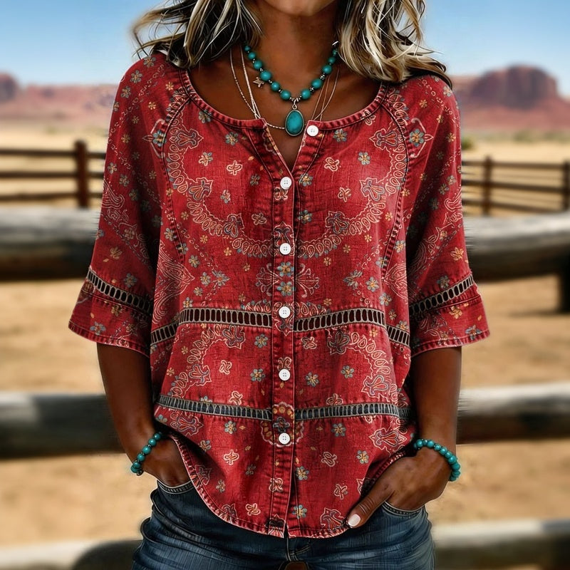 Elegant women's ethnic print v-neck blouse. Vintage-inspired, three-quarter sleeve top, casual spring/summer.