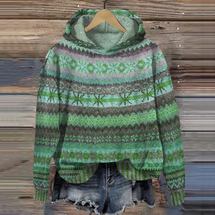 Women's vintage Fair Isle hoodie. Cozy pullover sweatshirt for autumn & winter comfort. Stylish retro casual wear.