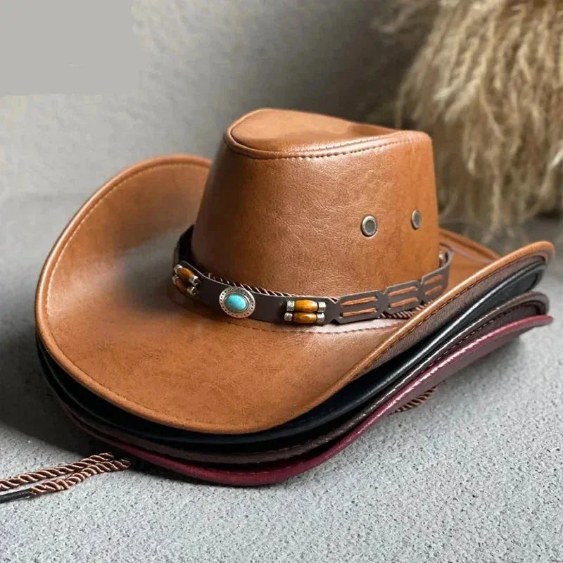 Women's vintage faux leather cowboy hat with turquoise band. Stylish western fashion hat, perfect for festivals.