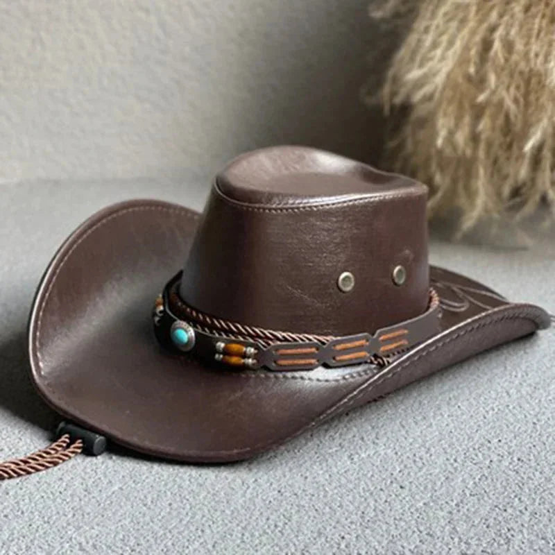 Boho women's faux leather cowboy hat, vintage style with a prominent turquoise band. Includes adjustable chin strap.