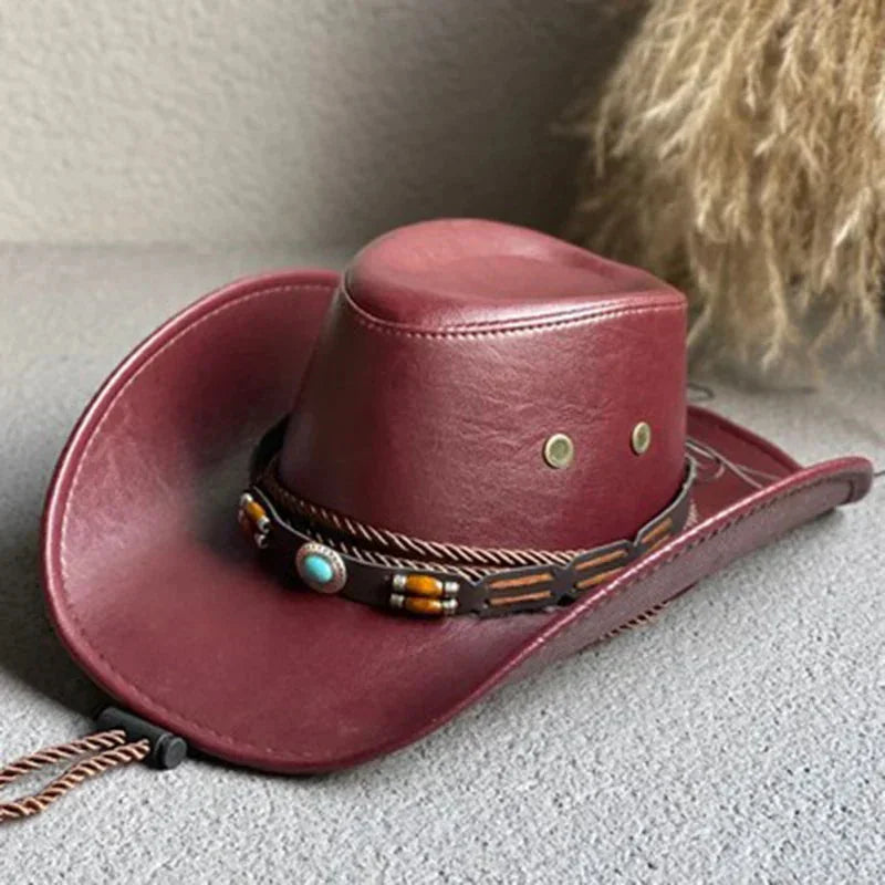 Stylish women's country-style western hat. Vintage faux leather cowboy hat with a unique turquoise band detail.