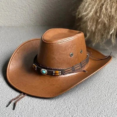 Fashionable women's faux leather cowboy hat, vintage design, featuring a decorative turquoise band & chin strap.