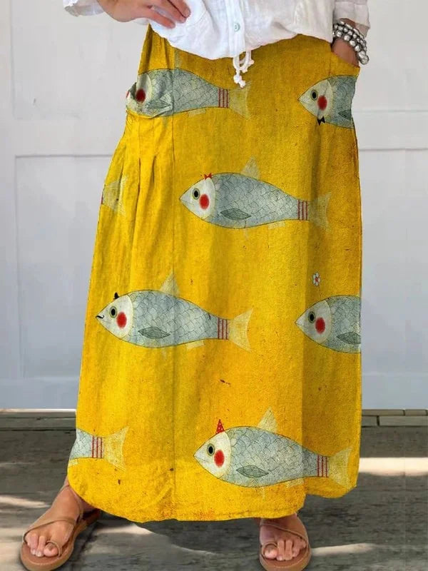 Women's vintage fish print maxi skirt with pockets & drawstring, ideal for casual summer style or vacation.