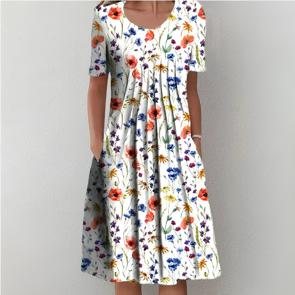 Women's vintage floral ruffle summer dress with short sleeves and A-line silhouette, perfect for casual or party wear.