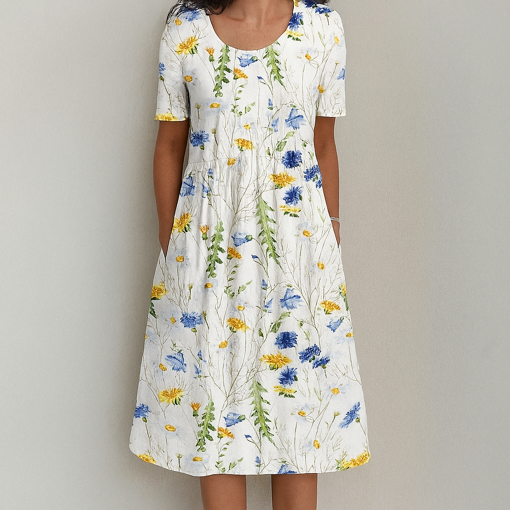 Chic vintage floral ruffle dress for women, a comfortable knee-length summer A-line style with short sleeves.