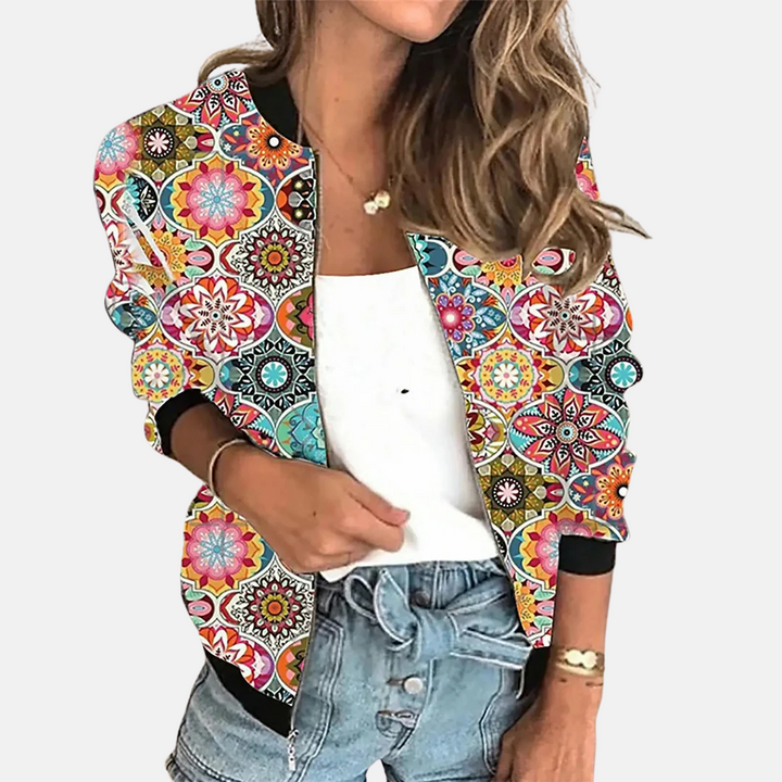 Women's vintage bomber jacket. Retro street style, versatile spring/fall fashion outerwear. Classic design.
