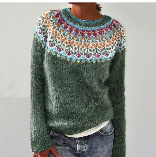 Women's cozy vintage knitted sweater, a warm long-sleeve pullover top, ideal for winter fashion.