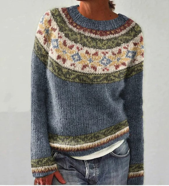 Warm women's winter pullover, vintage style knitted long-sleeve sweater, a cozy top for casual elegance.