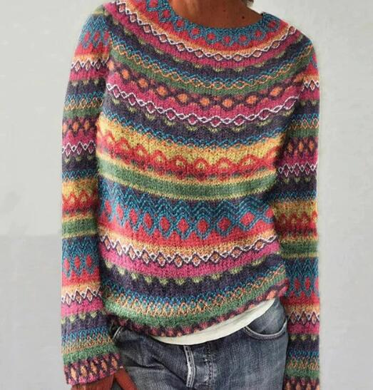 Stylish women's vintage sweater, a cozy knitted long-sleeve pullover top, essential for winter apparel.