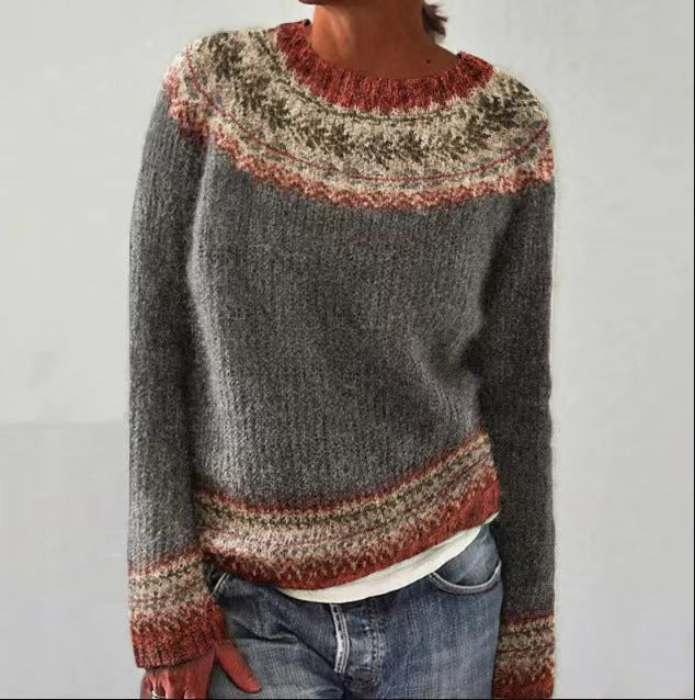 Classic women's vintage winter sweater, a warm and cozy knitted long-sleeve pullover top for daily wear.