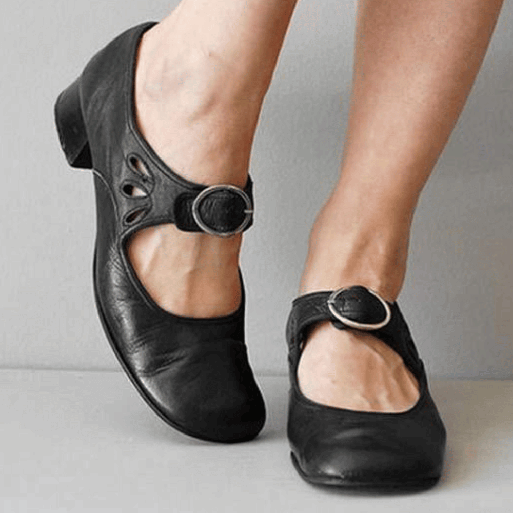 Women's vintage medieval cosplay shoes with elegant buckle detail, low heel, perfect for Renaissance & fantasy outfits.