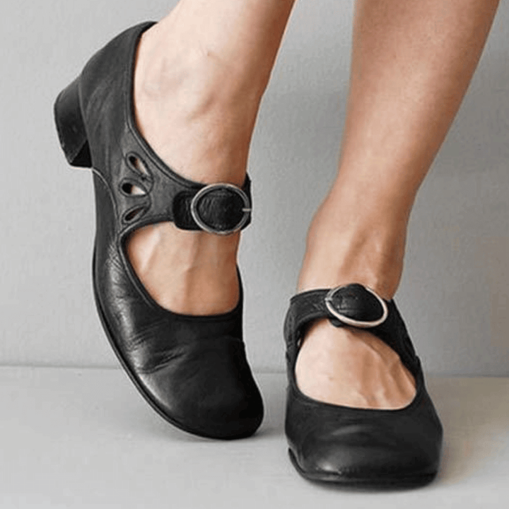 Women's vintage medieval cosplay shoes with elegant buckle detail, low heel, perfect for Renaissance & fantasy outfits.