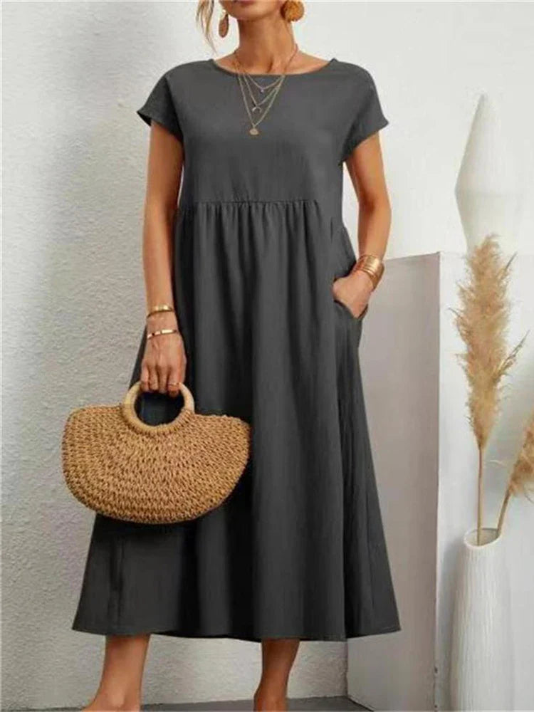 Timeless women's vintage O-neck midi dress, elegant & comfortable for spring, summer & fall fashion.