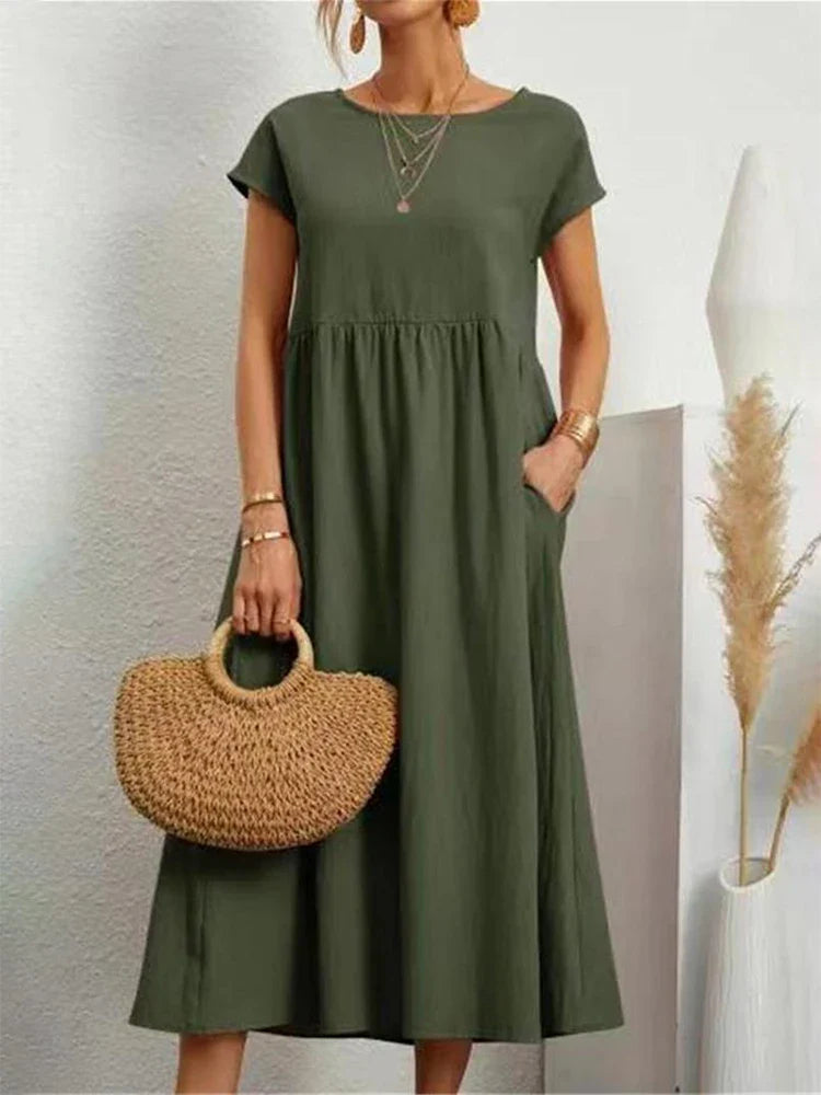 Women's classic vintage O-neck midi dress, a versatile spring, summer & fall staple for elegance.