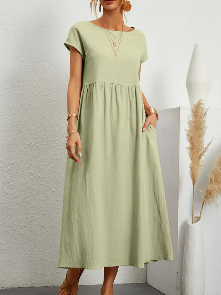 Classic women's vintage midi dress with O-neck, a versatile piece for elegant spring & fall outfits.
