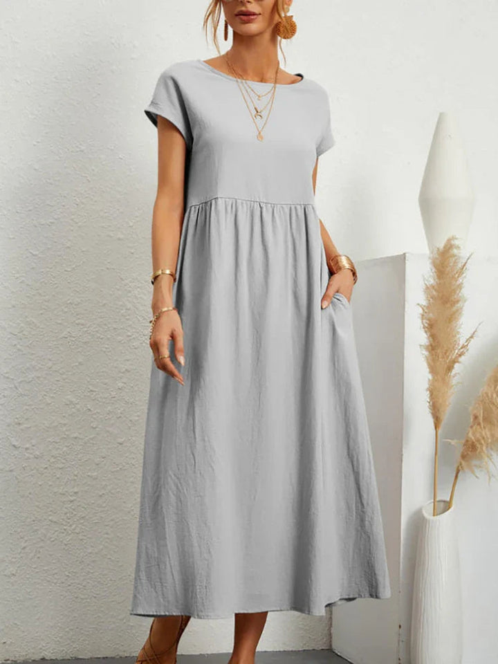 Flowy women's vintage O-neck midi dress, comfortable & classic for spring, summer & fall fashion.