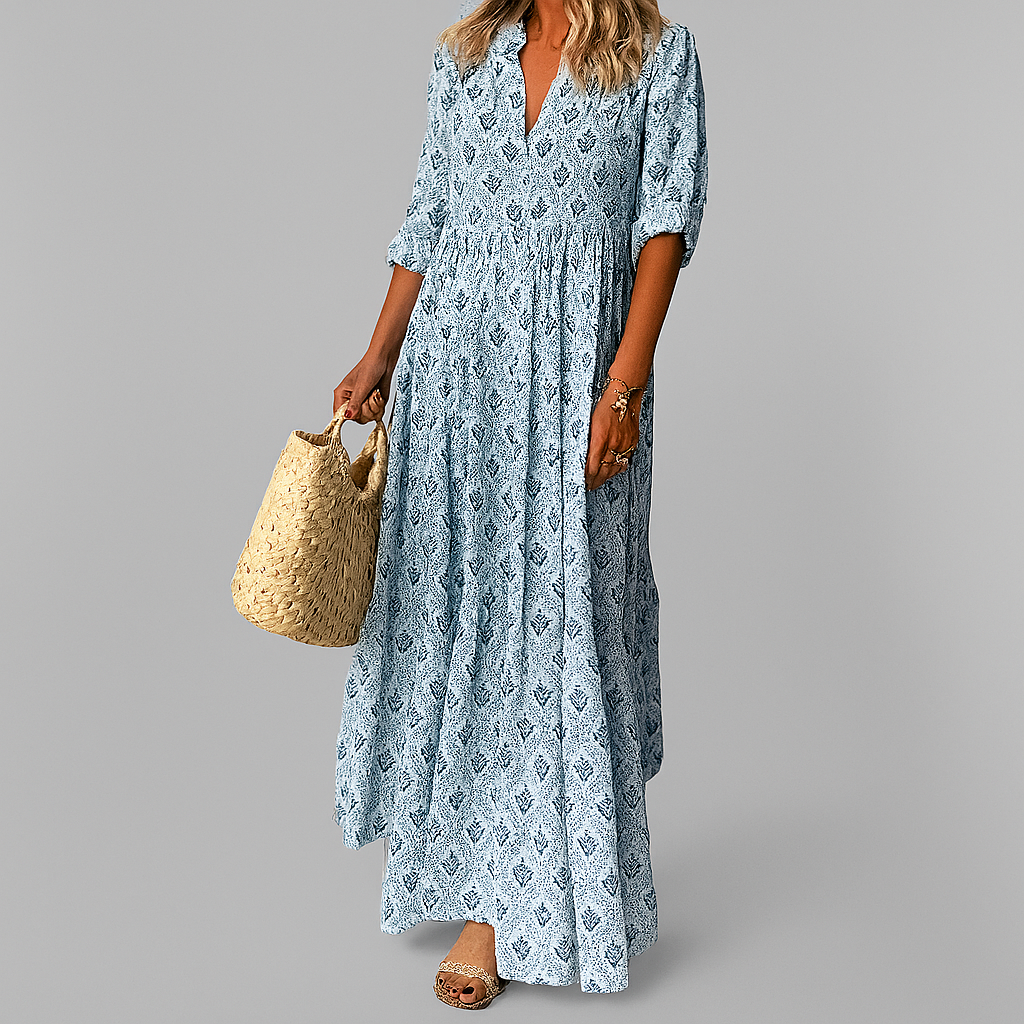 Women's vintage print lightweight maxi dress with 3/4 sleeves. Perfect casual flowy summer dress, boho style.