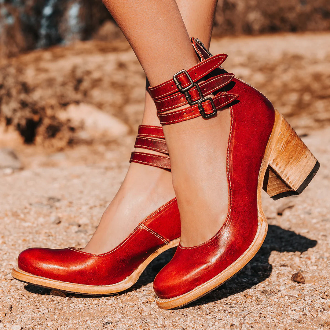 Must-have women's party heels: vintage strappy ankle strap with a trendy block heel.