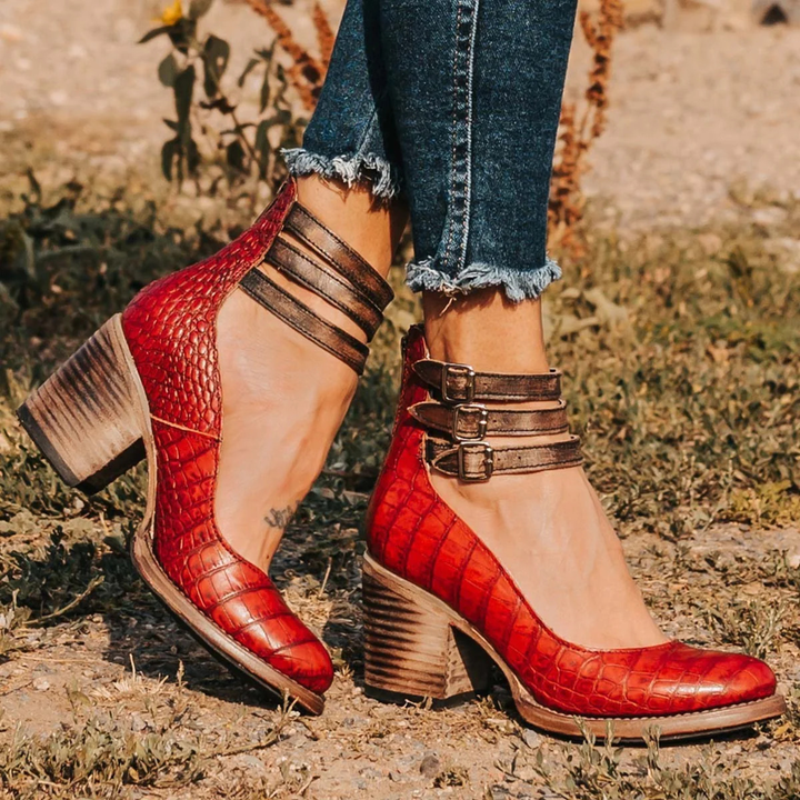 Dressy women's ankle strap block heels, vintage aesthetic with modern comfort.