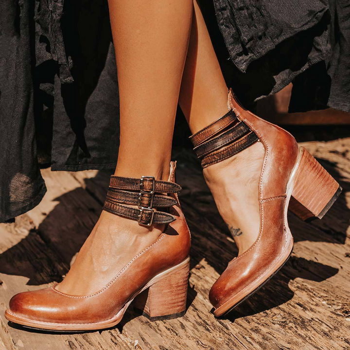 Stylish women's party shoes: strappy, vintage look, comfortable block heels.
