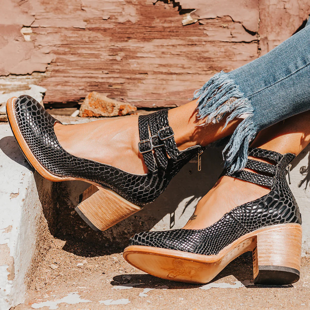 Comfortable vintage ankle strap heels for women, featuring a practical block heel design.
