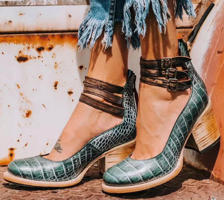 Fashion-forward women's block heel shoes, vintage strappy style with secure ankle strap.