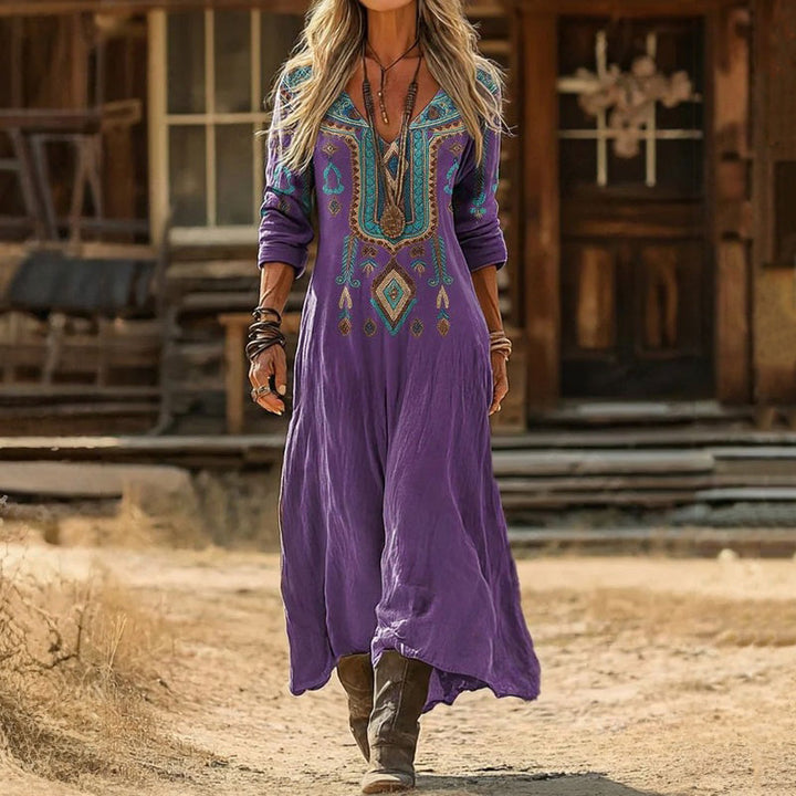 Comfortable women's long sleeve vintage style casual dress. Elegant purple v-neck for spring/summer everyday wear.