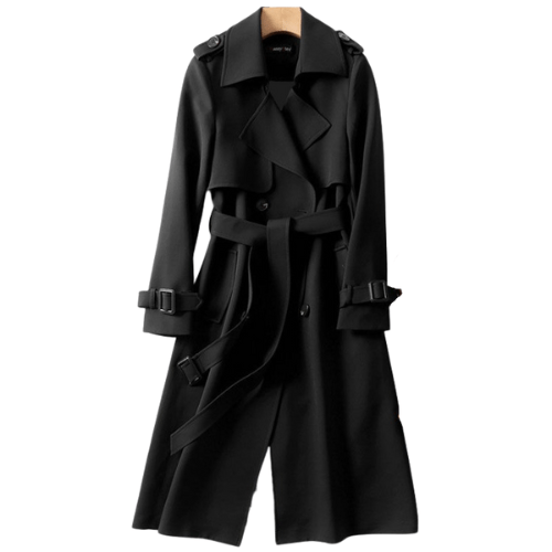 Elegant women's black trench coat, offering modern comfort & classic style. Ideal spring or autumn jacket.