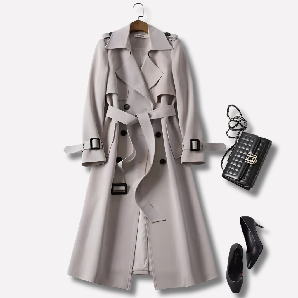 Stylish beige women's trench jacket, a versatile mid-length outerwear piece for elegant, timeless fashion.