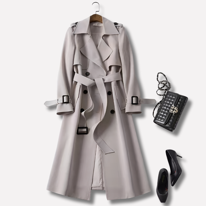 Stylish beige women's trench jacket, a versatile mid-length outerwear piece for elegant, timeless fashion.