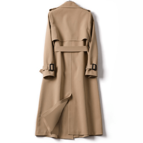 Khaki mid-length women's trench coat, a timeless and comfortable vintage outerwear jacket for stylish women.