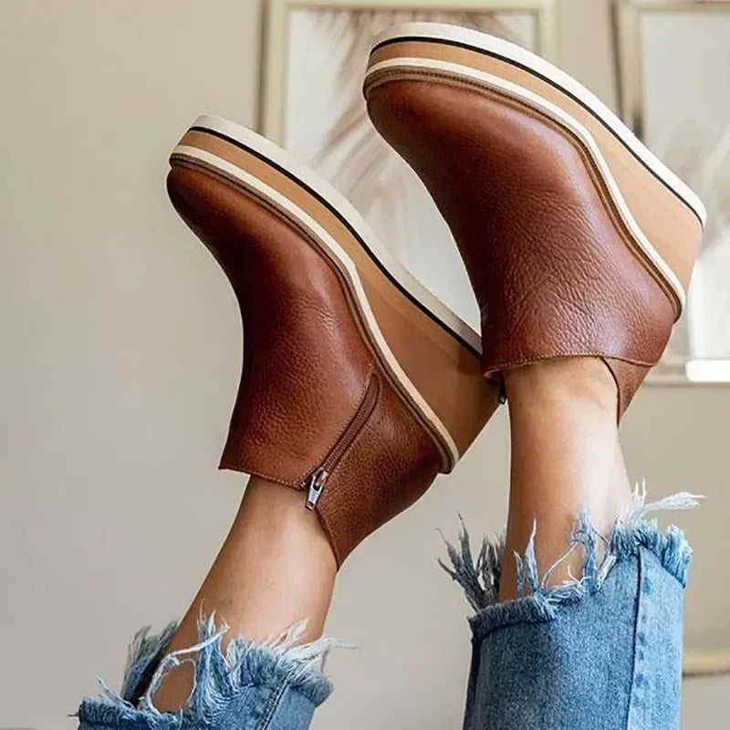 Elegant women's wedge ankle boots with side zipper & round toe, versatile for daily spring & autumn wear.