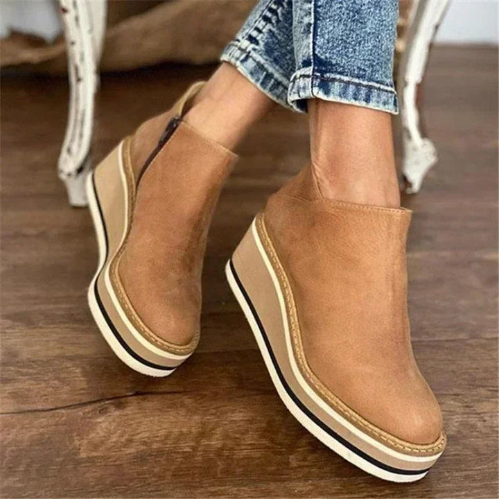 Women's round toe wedge ankle boots with side zipper, vintage style footwear for versatile fashion.